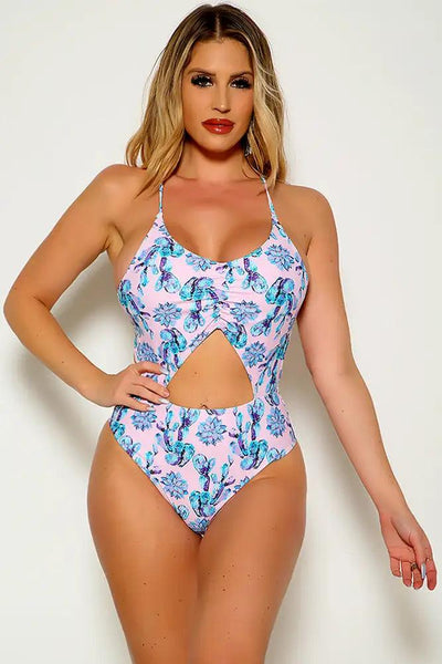 Sexy Pink Blue Floral Print Padded Two Piece Monokini - AMIClubwear