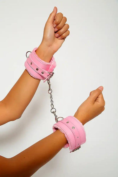 Sexy Pink Faux Leather Faux Fur Handcuffs - AMIClubwear