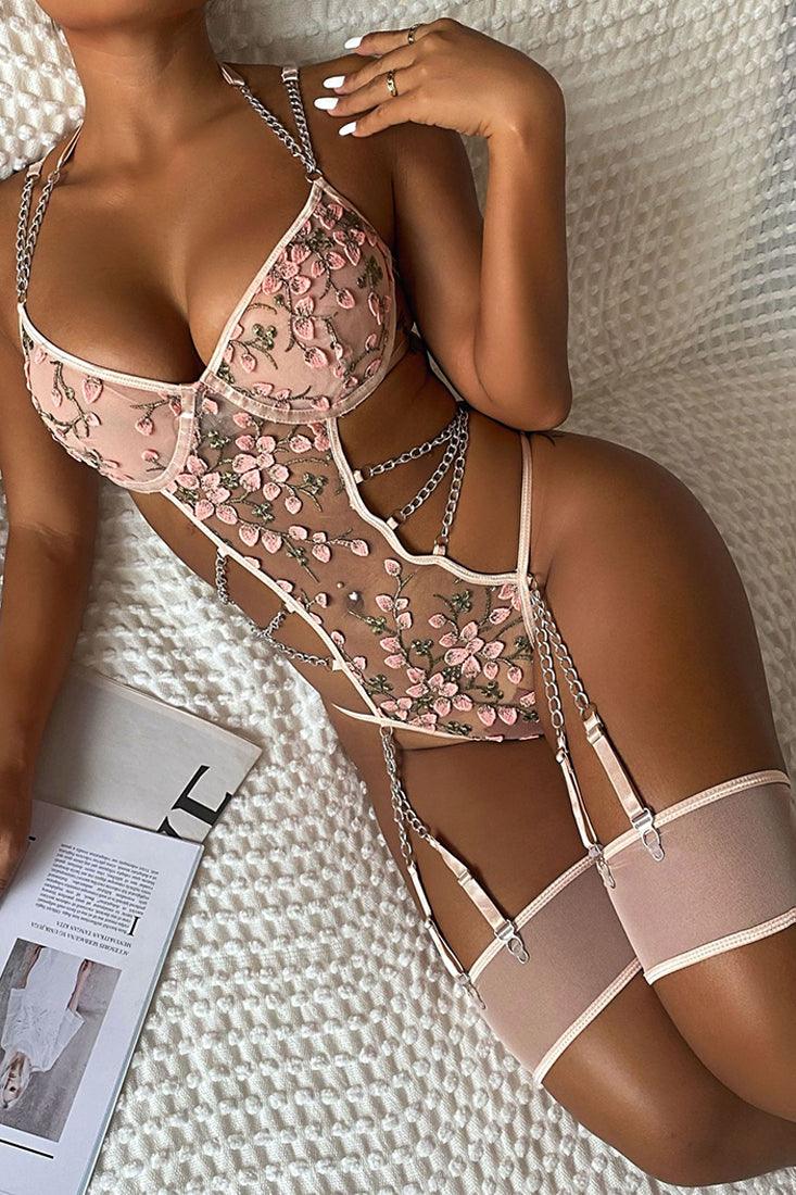 Sexy Pink Floral Underwire Silver Chain Garter 3 Pc Lingerie Set - AMIClubwear