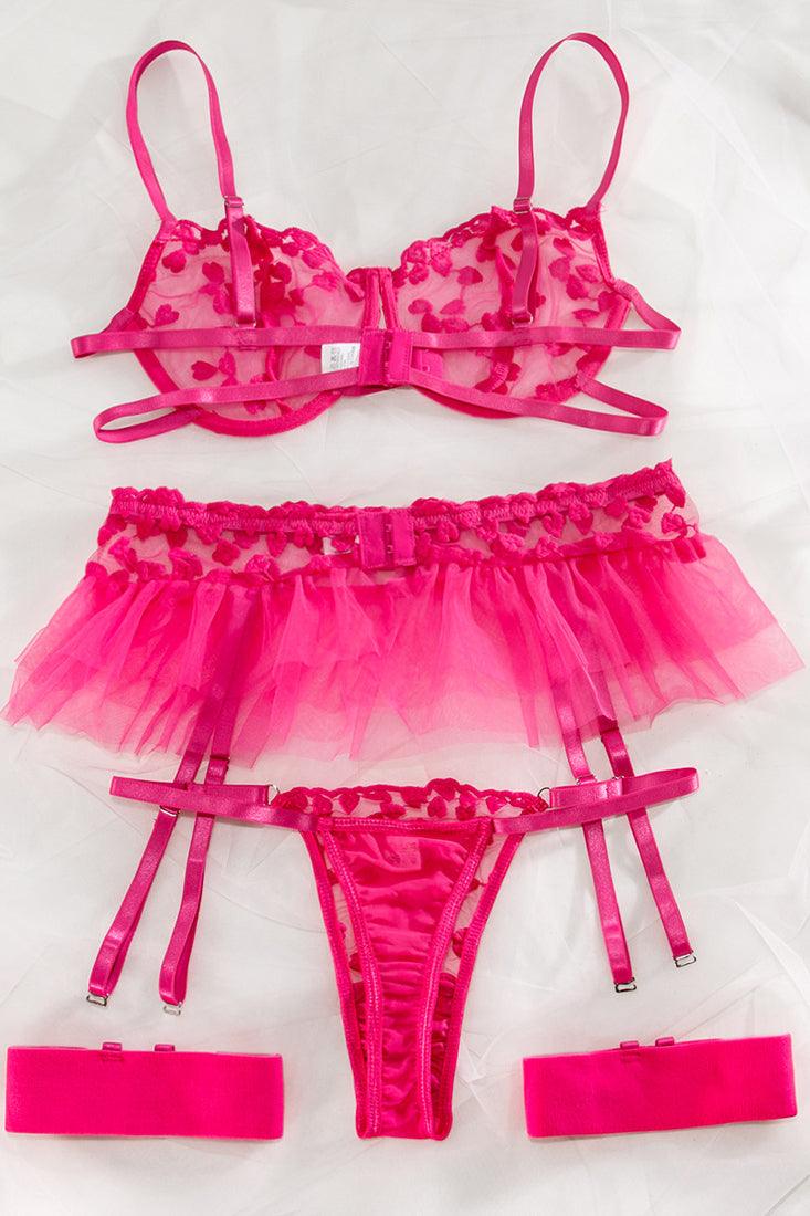 Sexy Pink Mesh 3pc Lingerie Set With Mini Tutu - AMIClubwear