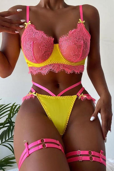 Sexy Pink Yellow Lingerie Lace Set - AMIClubwear