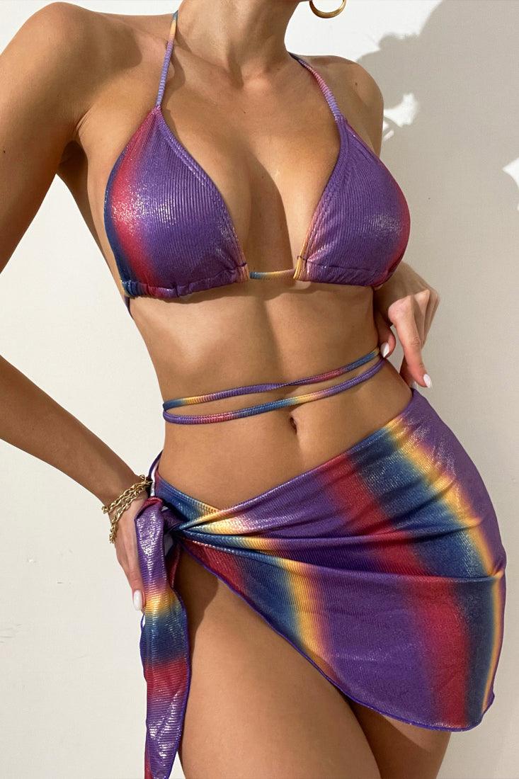Sexy Purple Rainbow Metallic 3pc Bikini With Skirt - AMIClubwear