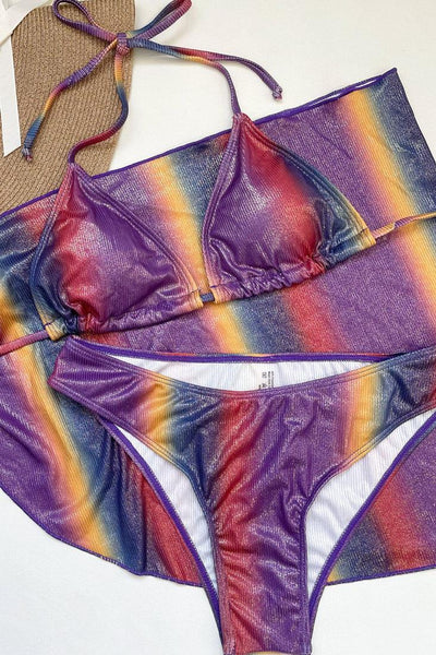 Sexy Purple Rainbow Metallic 3pc Bikini With Skirt - AMIClubwear