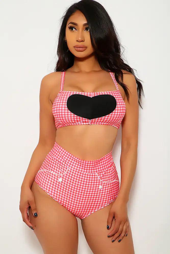 Sexy Red Black Gingham Button Detail High Waist Two Piece Swimsuit - AMIClubwear