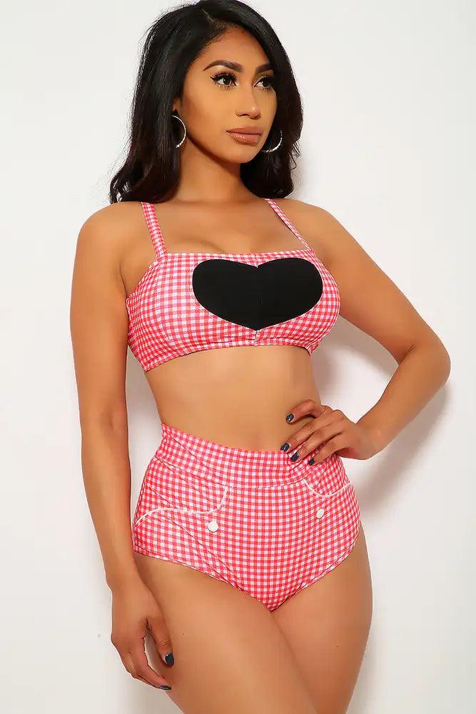 Sexy Red Black Gingham Button Detail High Waist Two Piece Swimsuit - AMIClubwear
