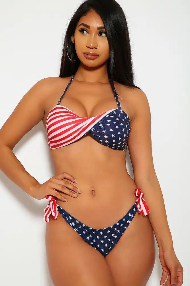 Sexy Red Blue Stars Stripes Bandeau Two Piece Swimsuit - AMIClubwear