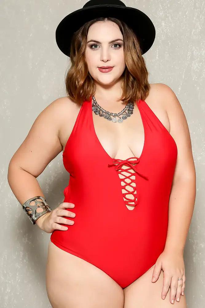 Sexy Red Caged Strappy Plus Size One Piece Swimsuit Amiclubwear 7916