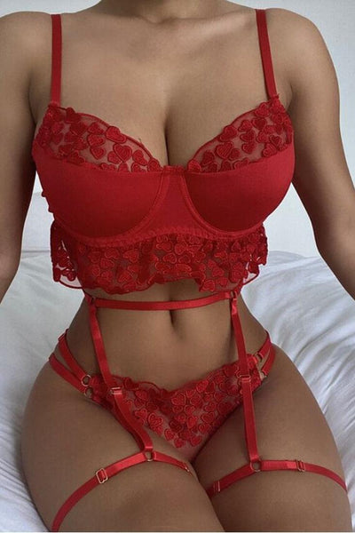 Sexy Red Heart Embroidered Mesh Lingerie Set - AMIClubwear