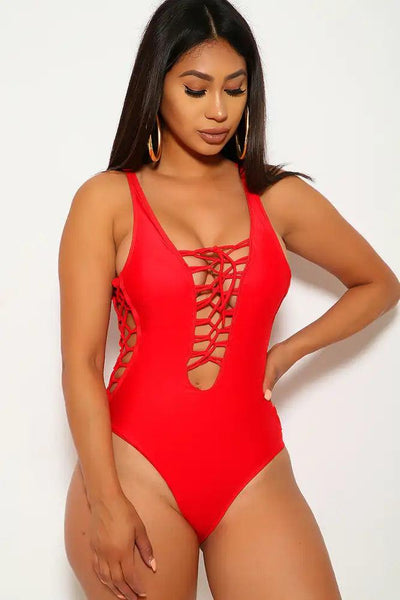 Sexy Red Lace Up Detail Monokini - AMIClubwear