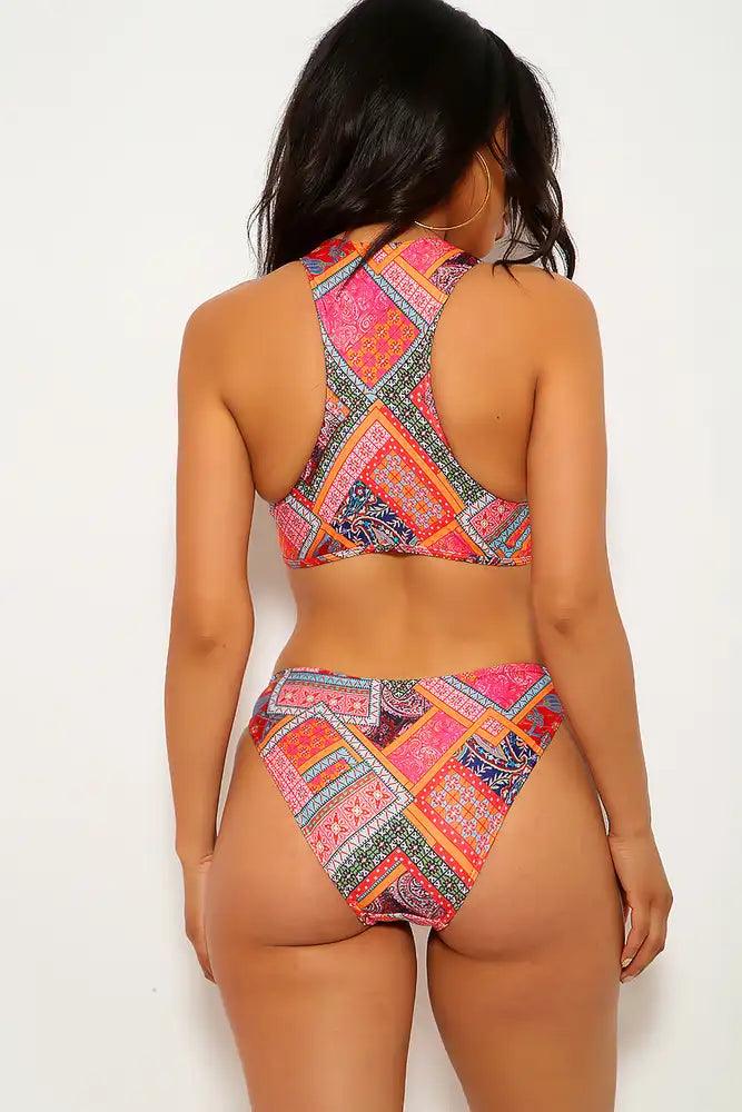 Sexy Red Orange Moroccan Print Lace Up Racerback Two Piece Swimsuit - AMIClubwear