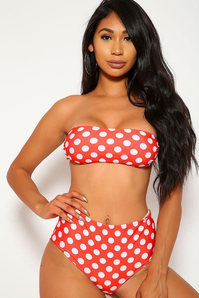 Sexy Red Polka Dot Bandeau High Waist Two Piece Swimsuit - AMIClubwear