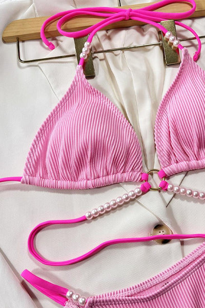 Sexy Ribbed Pink Pearl Strappy Cheeky Bikini - AMIClubwear
