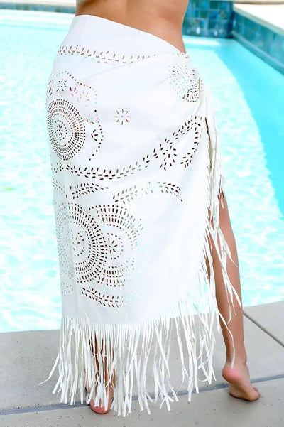 Sexy Rice Sarong Floral Cutout Fringe Swimsuit Cover Up - AMIClubwear