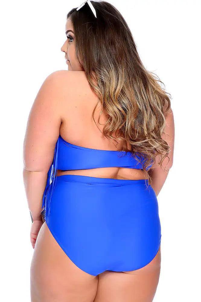 Sexy Royal Blue Padded Fringe High Waist Plus Size Swimsuit - AMIClubwear