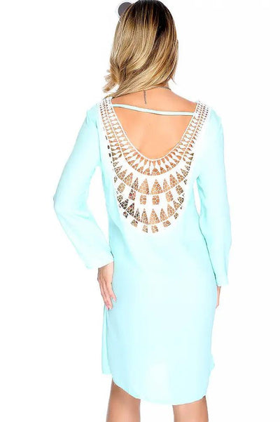 Sexy Sky Blue Long Sleeve Swim Suit Cover Up - AMIClubwear