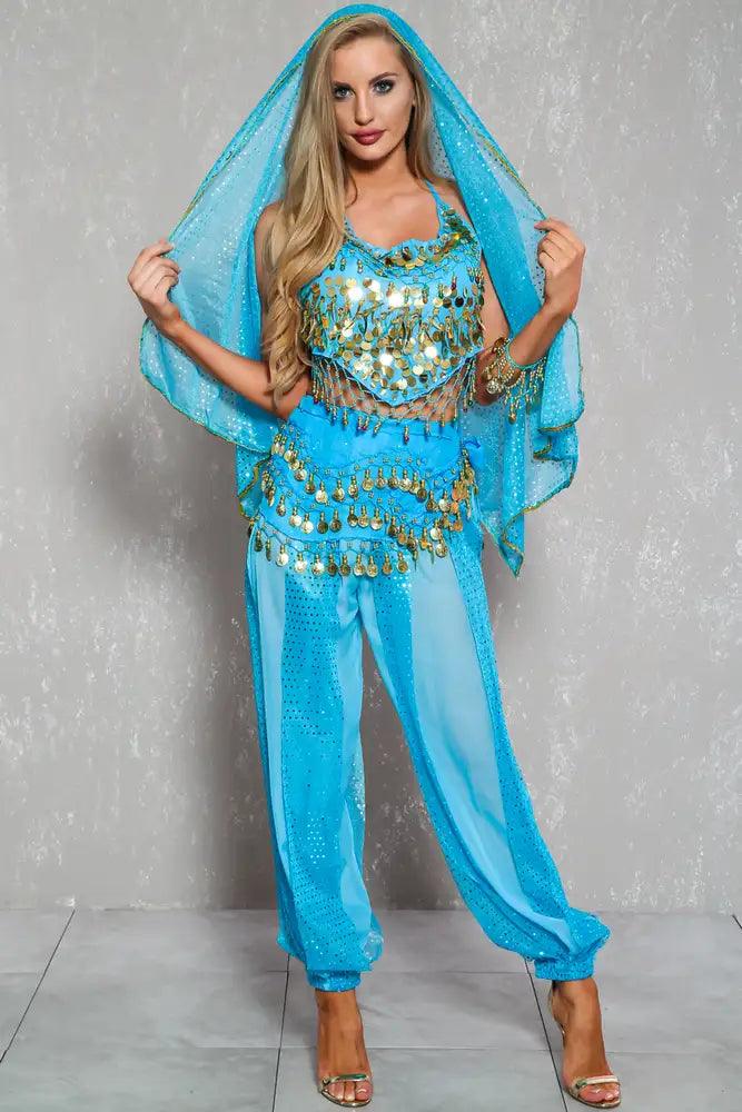 Sexy Turquoise Metallic Detail Sleeveless 5 Piece Gypsy Costume Sexy Turquoise Metallic Detail Sleeveless 5 Piece Gypsy Costume