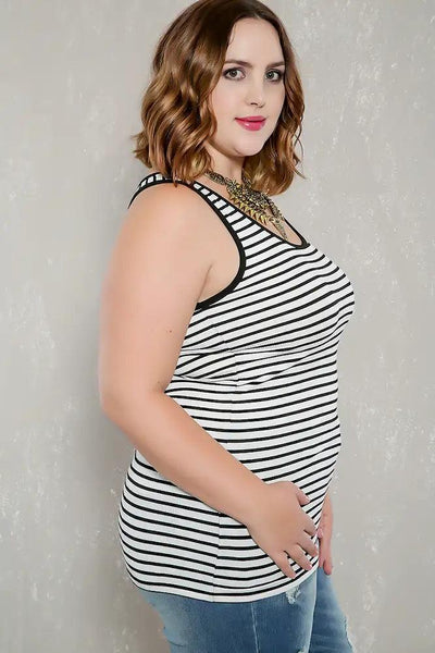 Sexy White Black Striped Ribbed Sleeveless Casual Plus Size Top - AMIClubwear