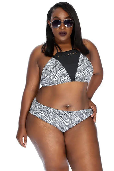 Sexy White Black Tribal Print Razor Cutout Accent Plus Size Two Piece Swimsuit - AMIClubwear