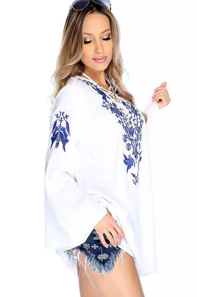 Sexy White Blue Long Flowy Sleeves Swim Cover Up - AMIClubwear