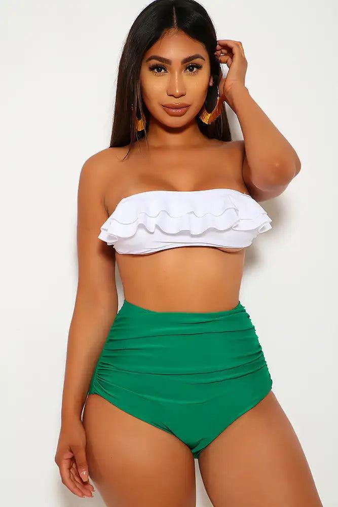 Sexy White Green Ruffle High Waist Swimsuit - AMIClubwear