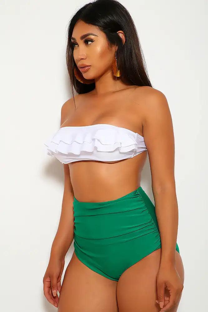 Sexy White Green Ruffle High Waist Swimsuit - AMIClubwear