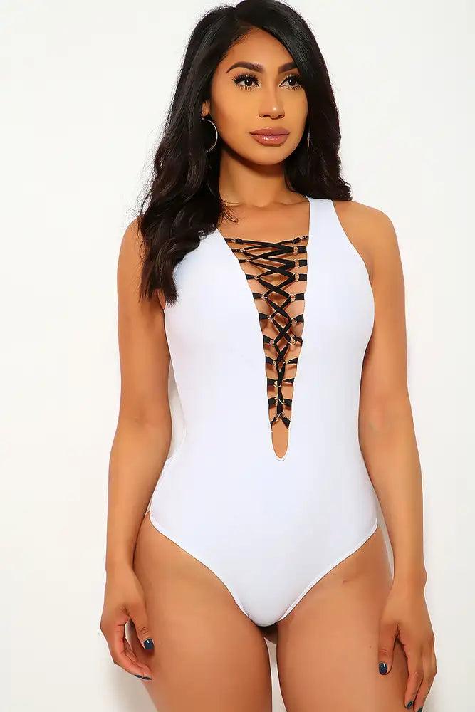 Sexy White Lace Up One Piece Swimsuit - AMIClubwear
