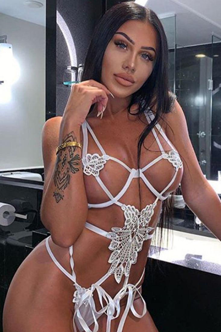 Sexy White Lingerie Embroidered Hollow Stappy Lingerie Bodysuit - AMIClubwear
