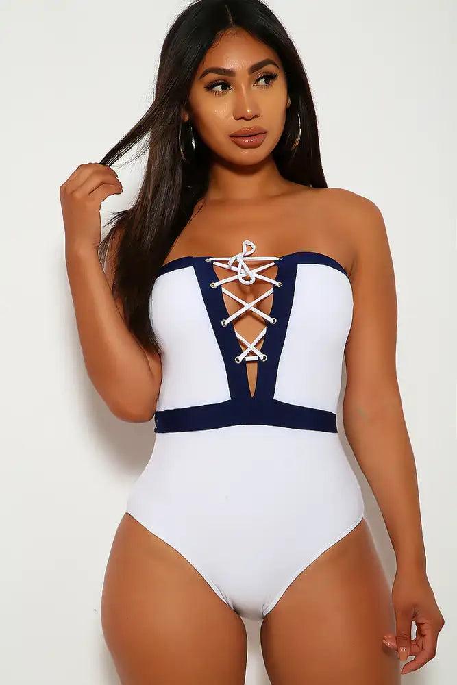 Sexy White Navy Front Lace Up Strapless One Piece Bandeau Swimsuit Amiclubwear