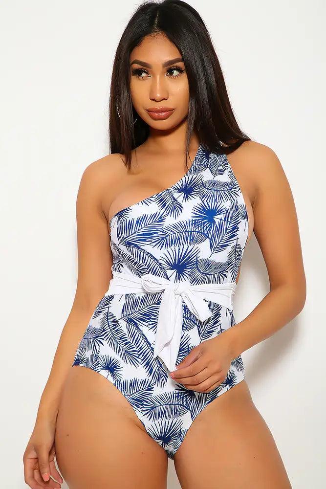 Sexy White Navy Tropical Print One Sleeve One Piece Swimsuit - AMIClubwear