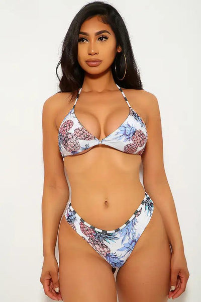 Sexy White Pineapple Graphic Print String Two Piece Swimsuit - AMIClubwear