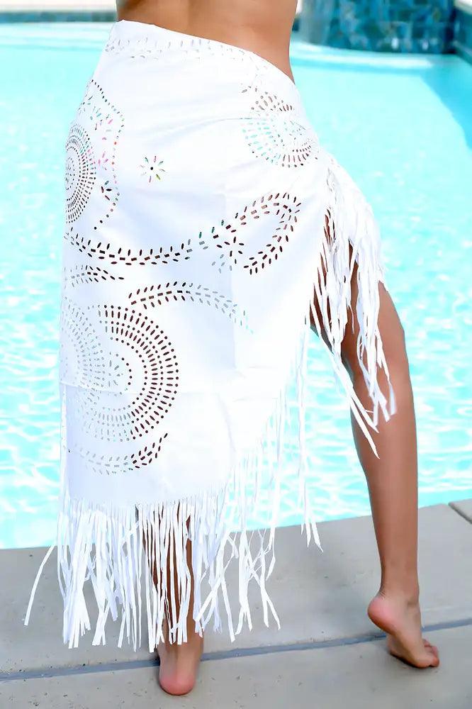 Sexy White Sarong Floral Cutout Fringe Swimsuit Cover Up - AMIClubwear