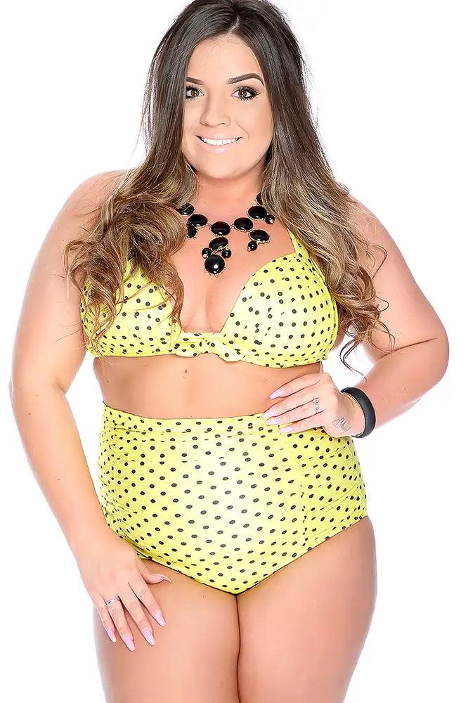 Sexy Yellow Polka Dot High Waist Plus Size Swimsuit - AMIClubwear