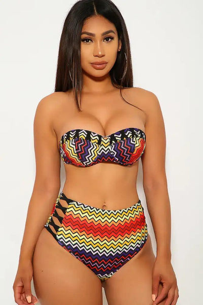 Sexy Yellow Red Chevron Print Strappy High Waist Swimsuit - AMIClubwear