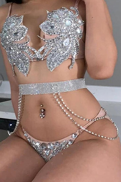 Silver Rhinestone Crystal Belly Waist Belt Layered Chain - AMIClubwear