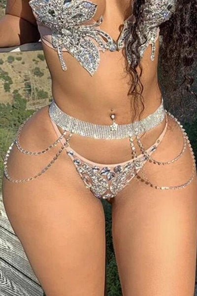 Silver Rhinestone Crystal Belly Waist Belt Layered Chain - AMIClubwear