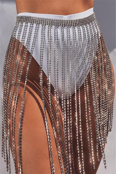 Silver Rhinestone Fringe Waist Belt Skirt - AMIClubwear