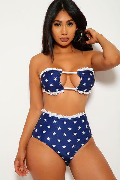 Star Print Blue White Lace Bandeau Two Piece Swimsuit - AMIClubwear