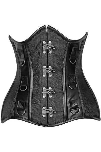 Top Drawer Black Brocade & Faux Leather Steel Boned Under Bust Corset - AMIClubwear