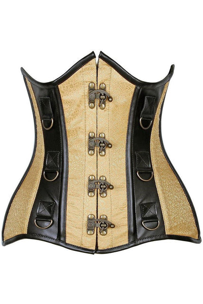 Top Drawer Gold Brocade & Faux Leather Steel Boned Under Bust Corset - AMIClubwear