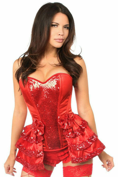 Top Drawer Red Satin & Sequin Steel Boned Corset w/Removable Snap Skirt - AMIClubwear