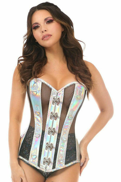 Top Drawer Silver Holo & Black Fishnet Steel Boned Over Bust Corset - AMIClubwear
