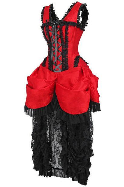 Top Drawer Steel Boned Red/Black Lace Victorian Bustle Corset Dress - AMIClubwear