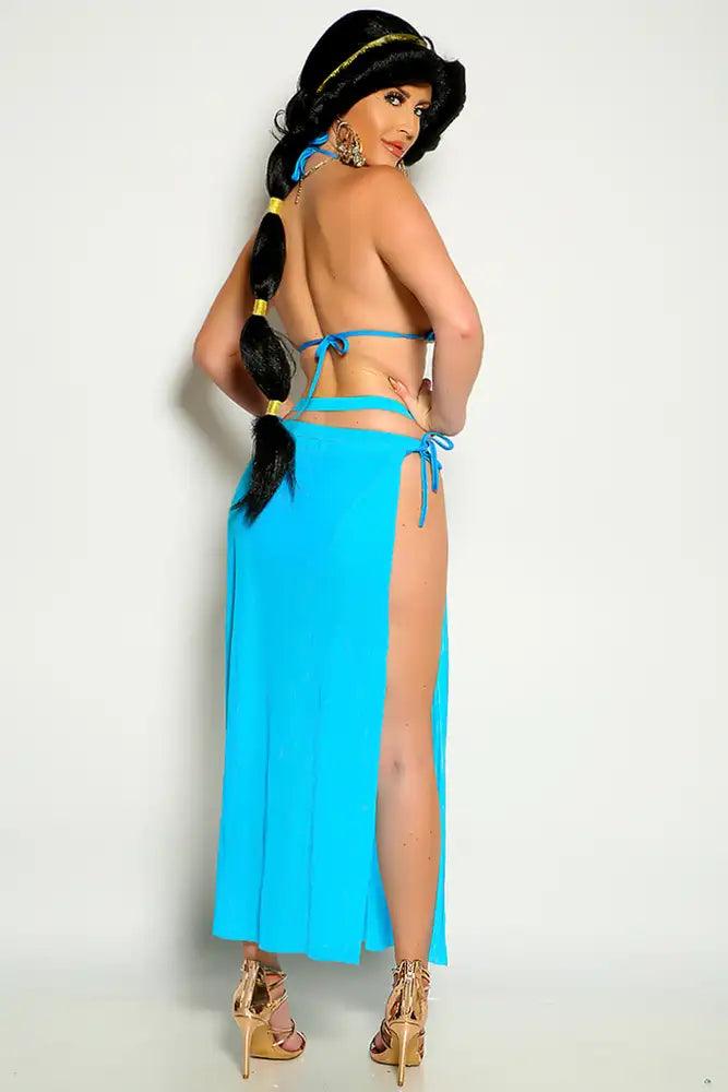 Turquoise Gold Embroidered Trim Detail High Cut Princess Jas 3 Piece Costume - AMIClubwear