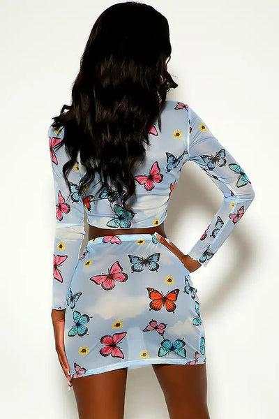 White Baby Blue Butterfly Print Two Piece Dress - AMIClubwear