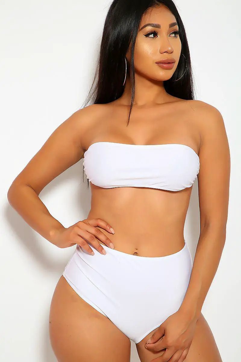 white high waisted bandeau bikini