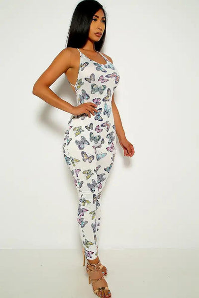 White Butterfly Print Sleeveless Jumpsuit - AMIClubwear