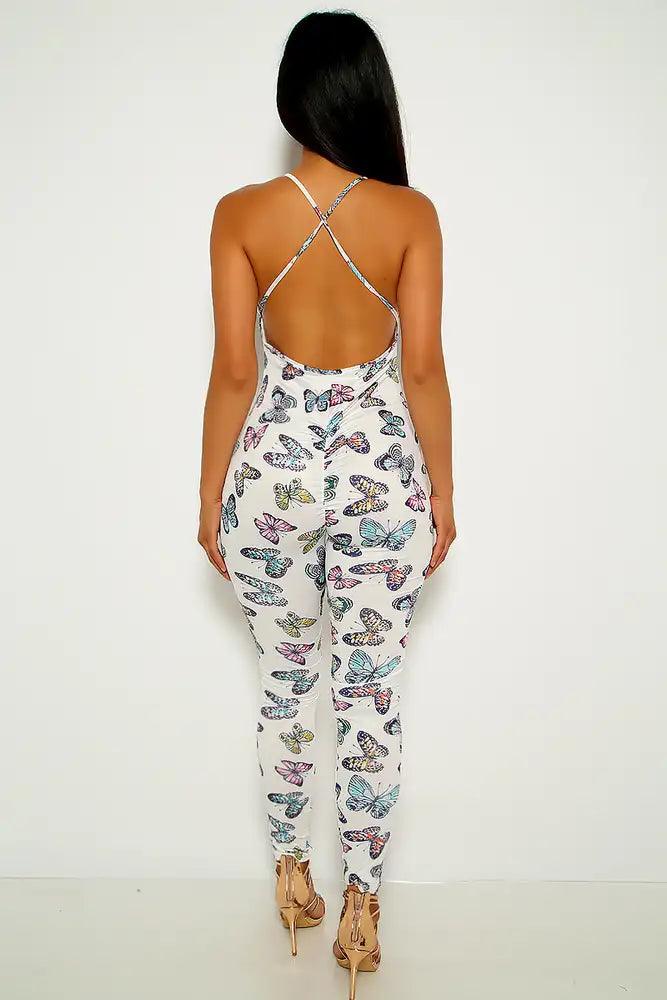 White Butterfly Print Sleeveless Jumpsuit - AMIClubwear