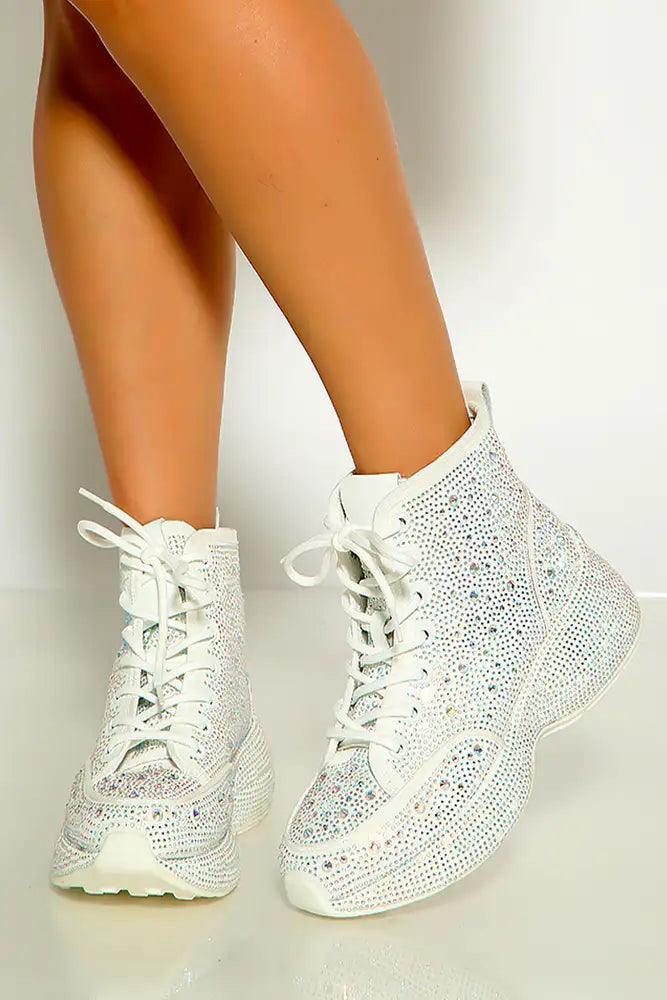 White Closed Toe Lace Up All Over Rhinestone High Top Sneakers AMIClubwear