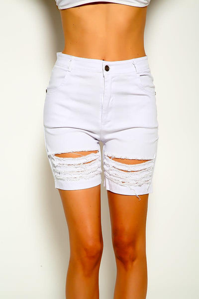 White Distressed Denim Shorts - AMIClubwear