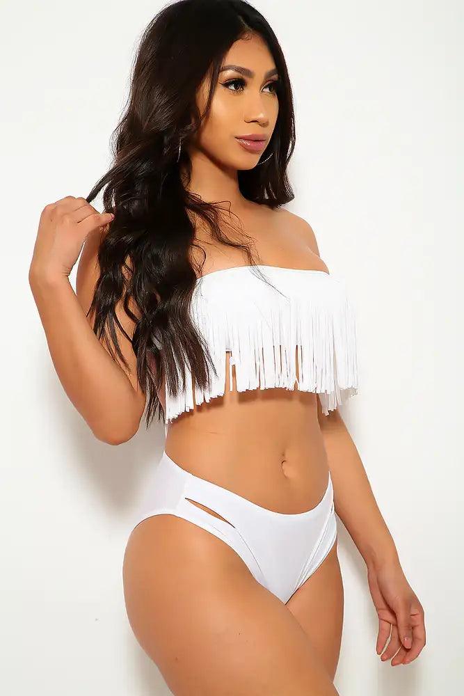 White Fringe Accent Sexy Two Piece Swimsuit - AMIClubwear